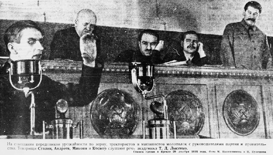 Trofim Lysenko at the Kremlin in 1935. At the back (L-R) are Stanislav Kosior, Anastas Mikoyan, Andrei Andreev and Joseph Stalin. Photo: Wikimedia Commons