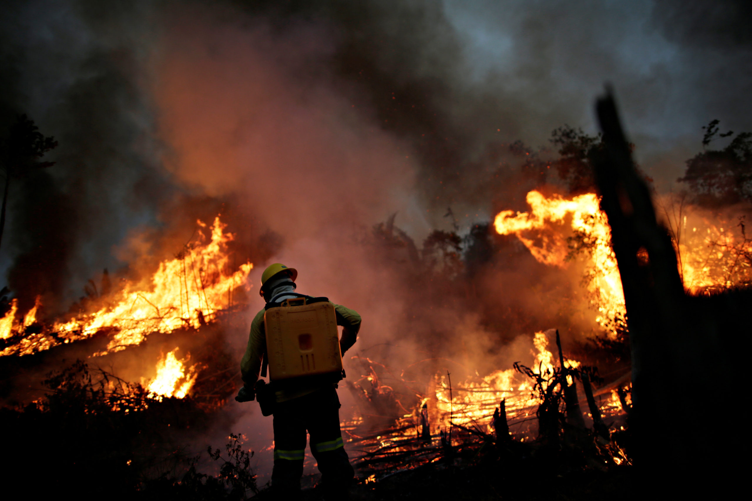 A IBAMA fire brigade member attempts to control a fire in a tract of the Amazon jungle in Apui