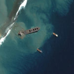 A view shows Japanese bulk carrier ship MV Wakashio as it begins to break apart in Mauritius