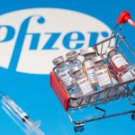 A small shopping basket filled with vials labeled "COVID-19 - Coronavirus Vaccine" and a medical sryinge are placed on a Pfizer logo
