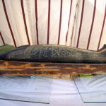 A coffin, part of a recent discovery from the Saqqara necropolis, is seen south of Cairo