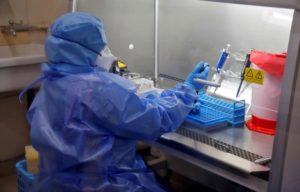 A microbiologist processes coronavirus disease (COVID-19) tests in a lab at the Government Medical College in Kochi, India. Photo:Reuters/Sivaram V