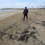 A man walks along a beach in the aftermath of an oil spill that drenched much of the Mediterranean shoreline, in Tyre nature reserve