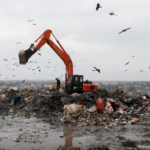 Waste collectors look for recyclable materials at a landfill site in New Delhi.