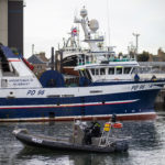The Opportunus IV fishing trawler is seen at Peterhead harbour during a visit of Britain's Prime Minister Boris Johnson to Peterhead Fish Market in Peterhead
