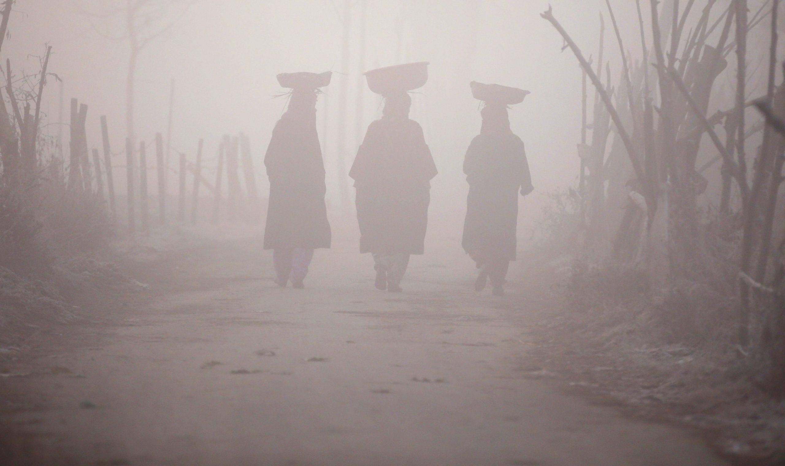 Kashmiri women carry baskets on their heads as they walk along the road amid dense fog on a cold morning in Srinagar