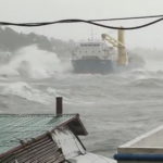 Waves crash the shore as Super Typhoon Surigae moves close to the Philippines in the province of Catbalogan