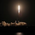 A SpaceX Falcon 9 rocket, with the Crew Dragon capsule, carrying four astronauts on a NASA commercial crew mission, launches at the Kennedy Space Center