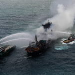 Smoke rises from a fire onboard the MV X-Press Pearl vessel in the seas off the Colombo Harbour