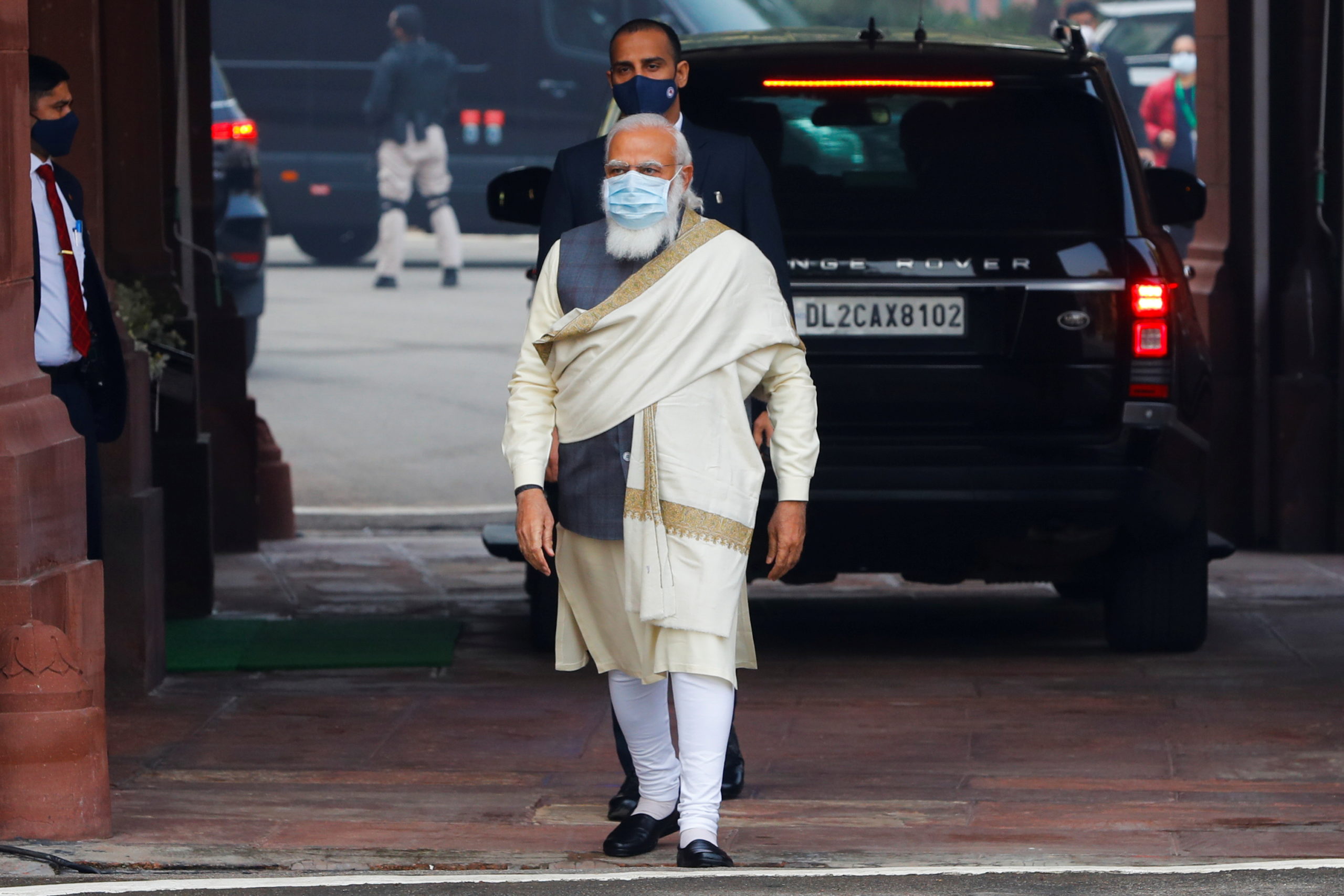 India's Prime Minister Narendra Modi arrives at the parliament house to attend the first day of the budget session, in New Delhi