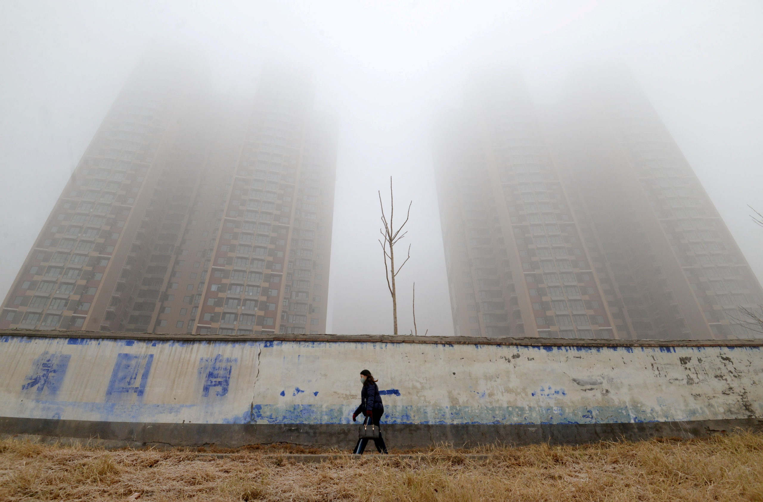 FILE PHOTO: Woman wearing a mask walks past buildings on a polluted day in Hebei