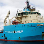 An offshore supply vessel used by non-profit the Ocean Cleanup to remove plastic from the ocean is docked at a port in Victoria