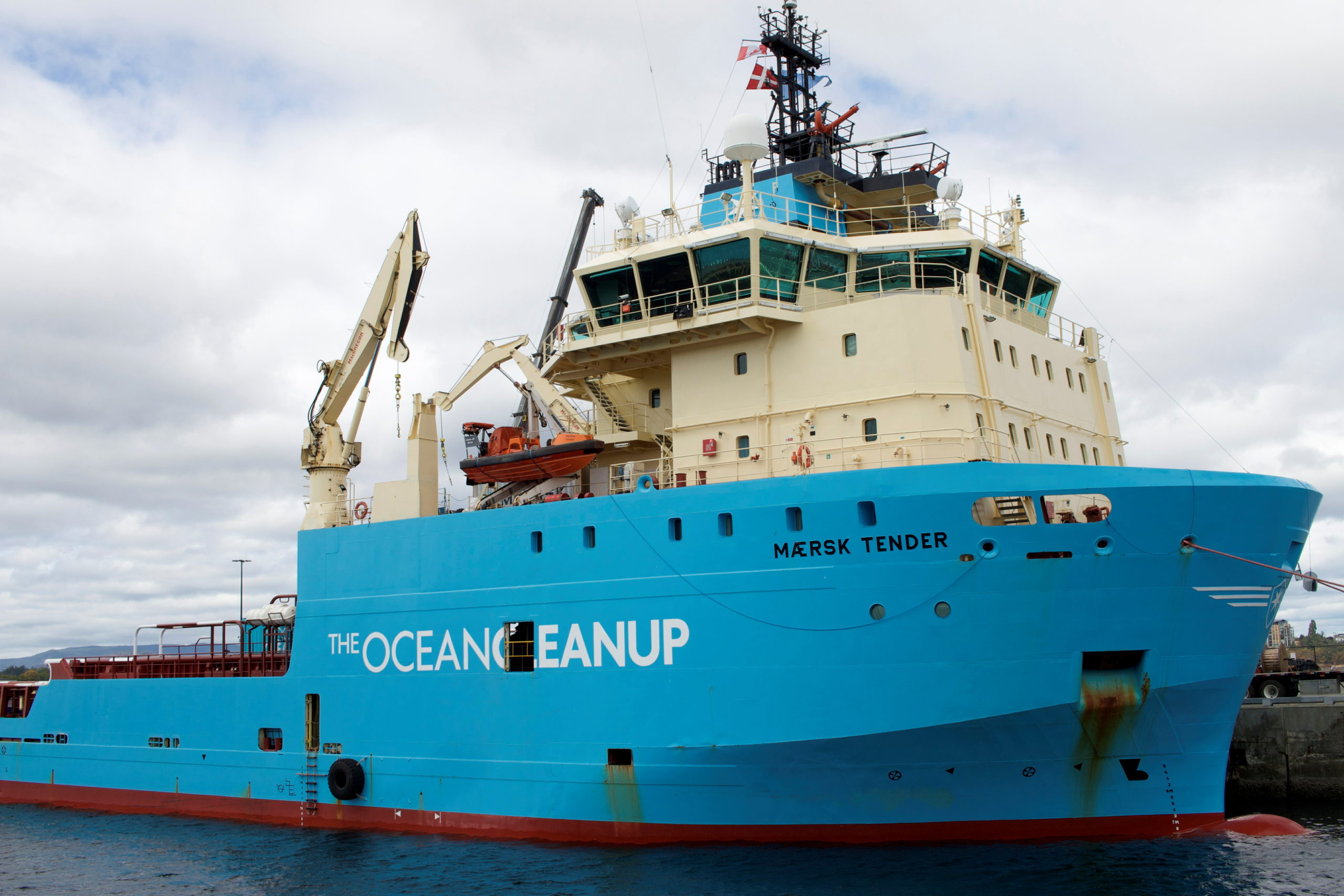 An offshore supply vessel used by non-profit the Ocean Cleanup to remove plastic from the ocean is docked at a port in Victoria