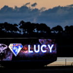 The Kennedy Space Center press site launch clock shows a digital display for NASAÕs Lucy spacecraft for a mission