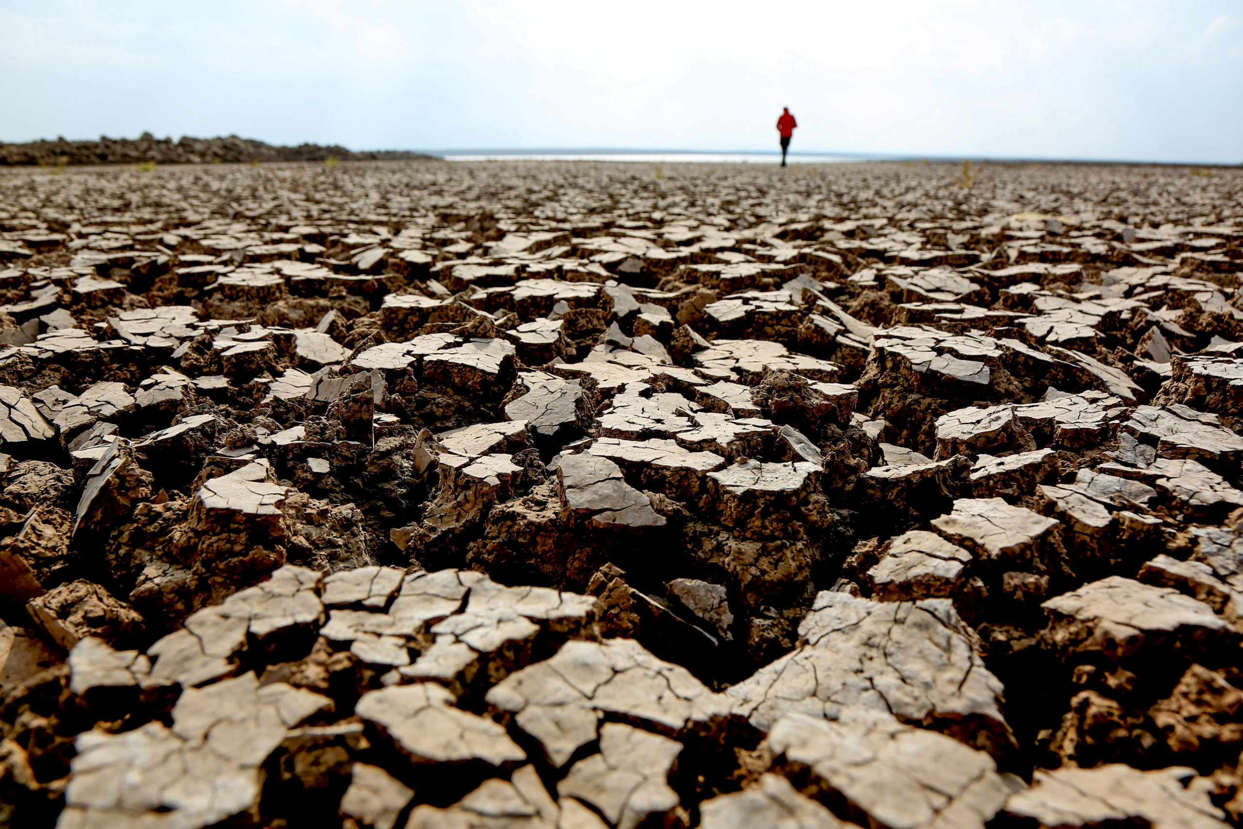FILE PHOTO: Person walks along cracks at the partly dried up Devegecidi Dam, northwest of Diyarbakir