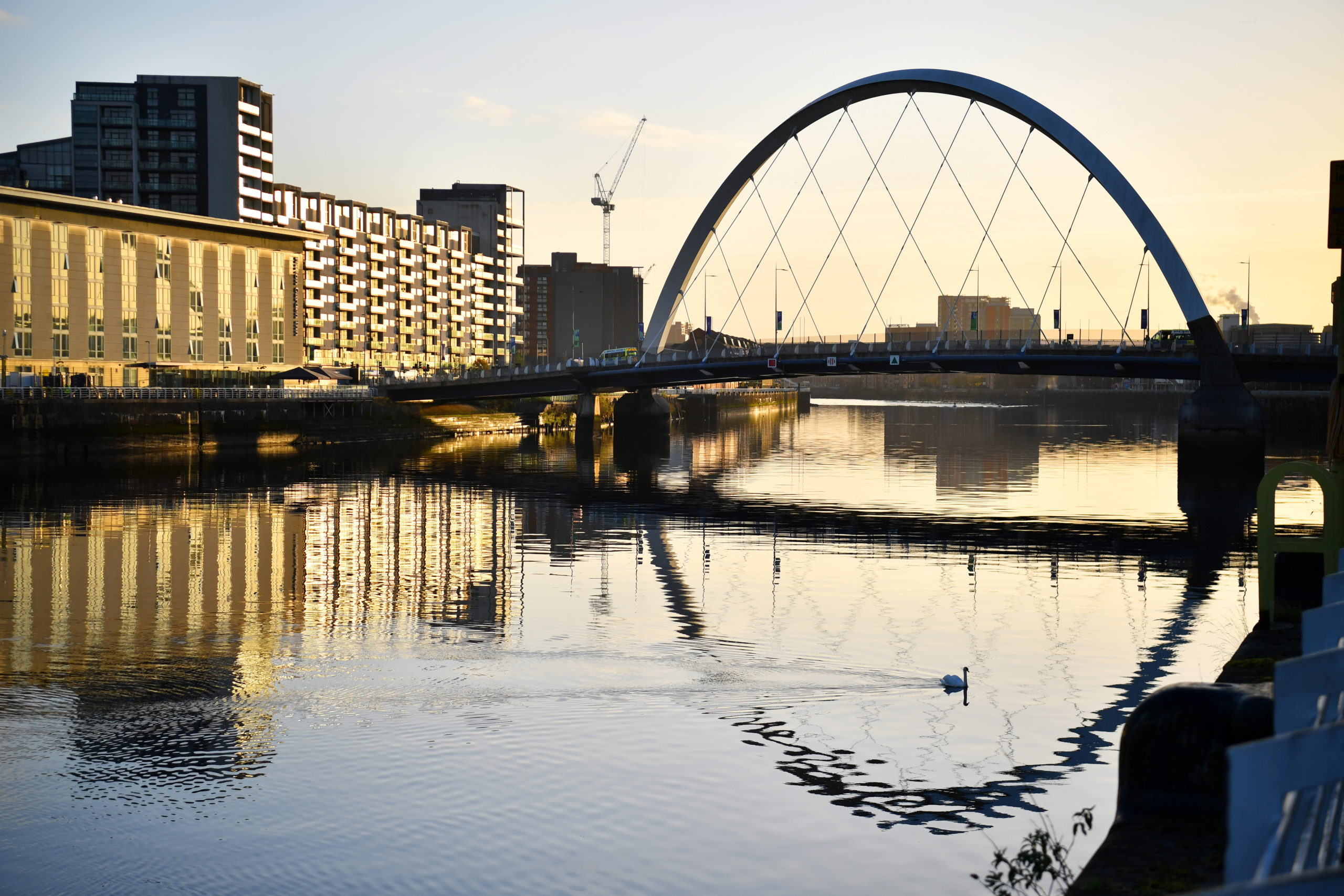The morning sun shines on the River Clyde and the venue for the UN Climate Change Conference (COP26) in Glasgow