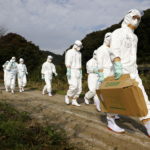 FILE PHOTO: Officials in protective suits head to a poultry farm for a suspected bird flu case in Higashikagawa, western Japan