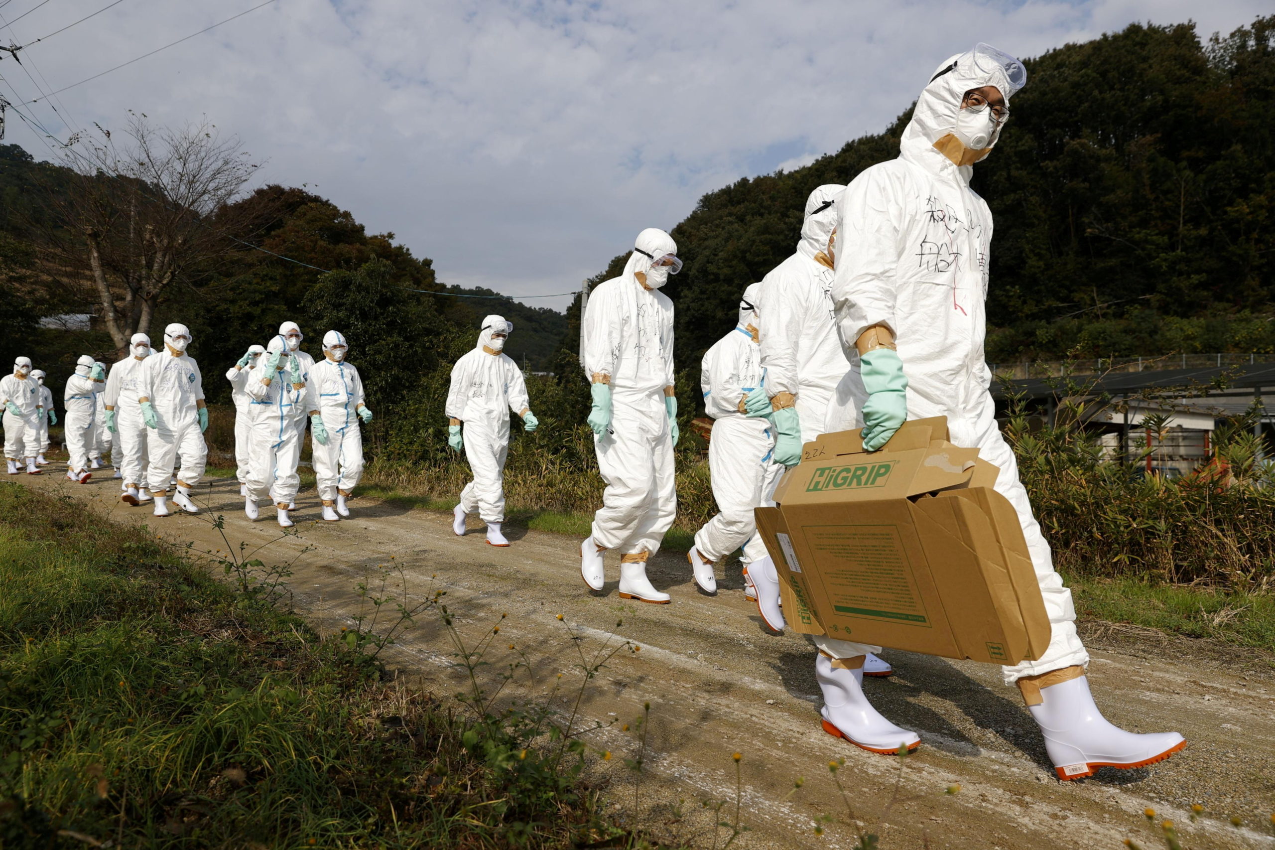 FILE PHOTO: Officials in protective suits head to a poultry farm for a suspected bird flu case in Higashikagawa, western Japan