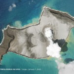 A Planet SkySat image shows a plume of smoke rising from the underwater volcano Hunga Tonga-Hunga Ha'apai before its eruption
