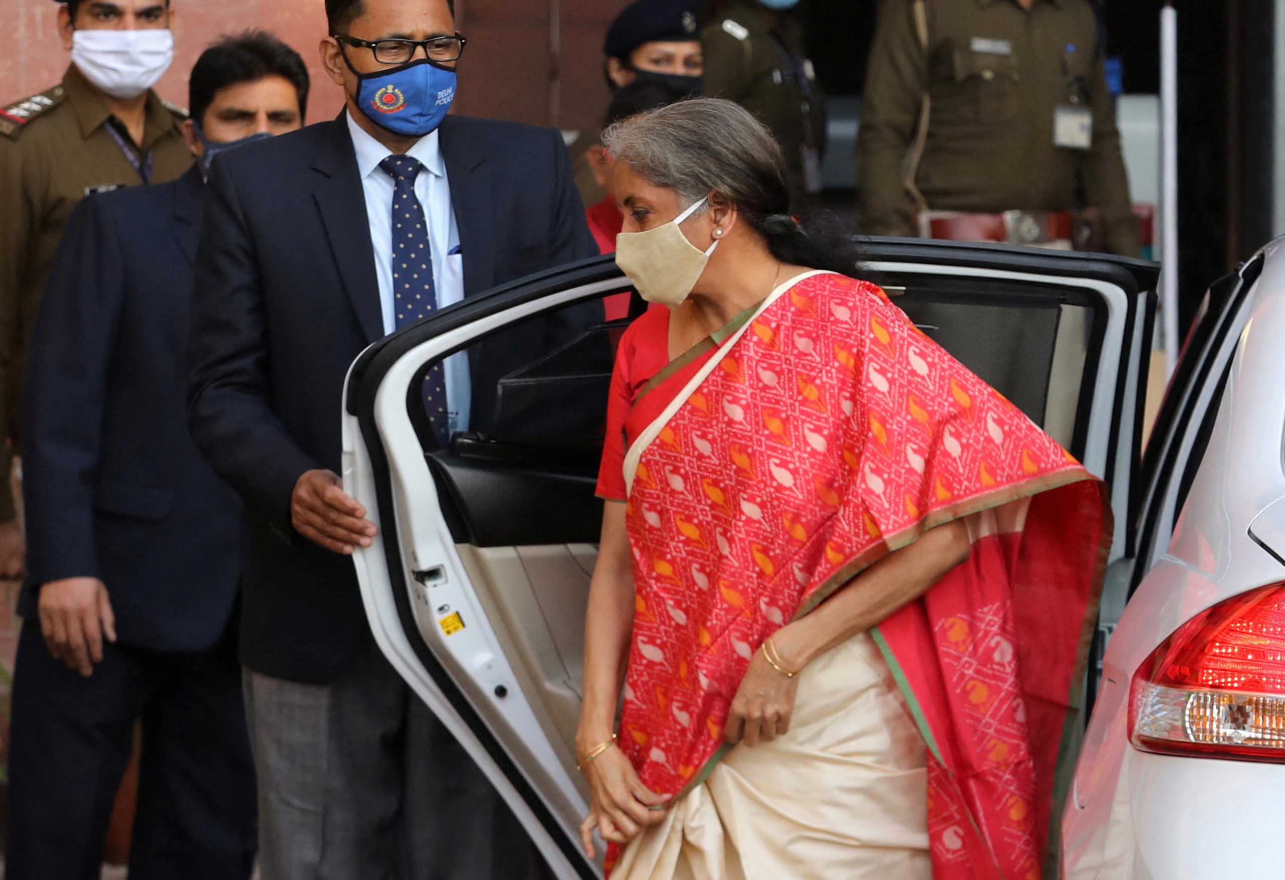 India's Finance Minister Nirmala Sitharaman arrives at the finance ministry before she leaves to present the federal budget in the parliament in New Delhi
