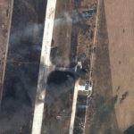 A satellite image shows grass fires and damages at Antonov Airport in Hostomel