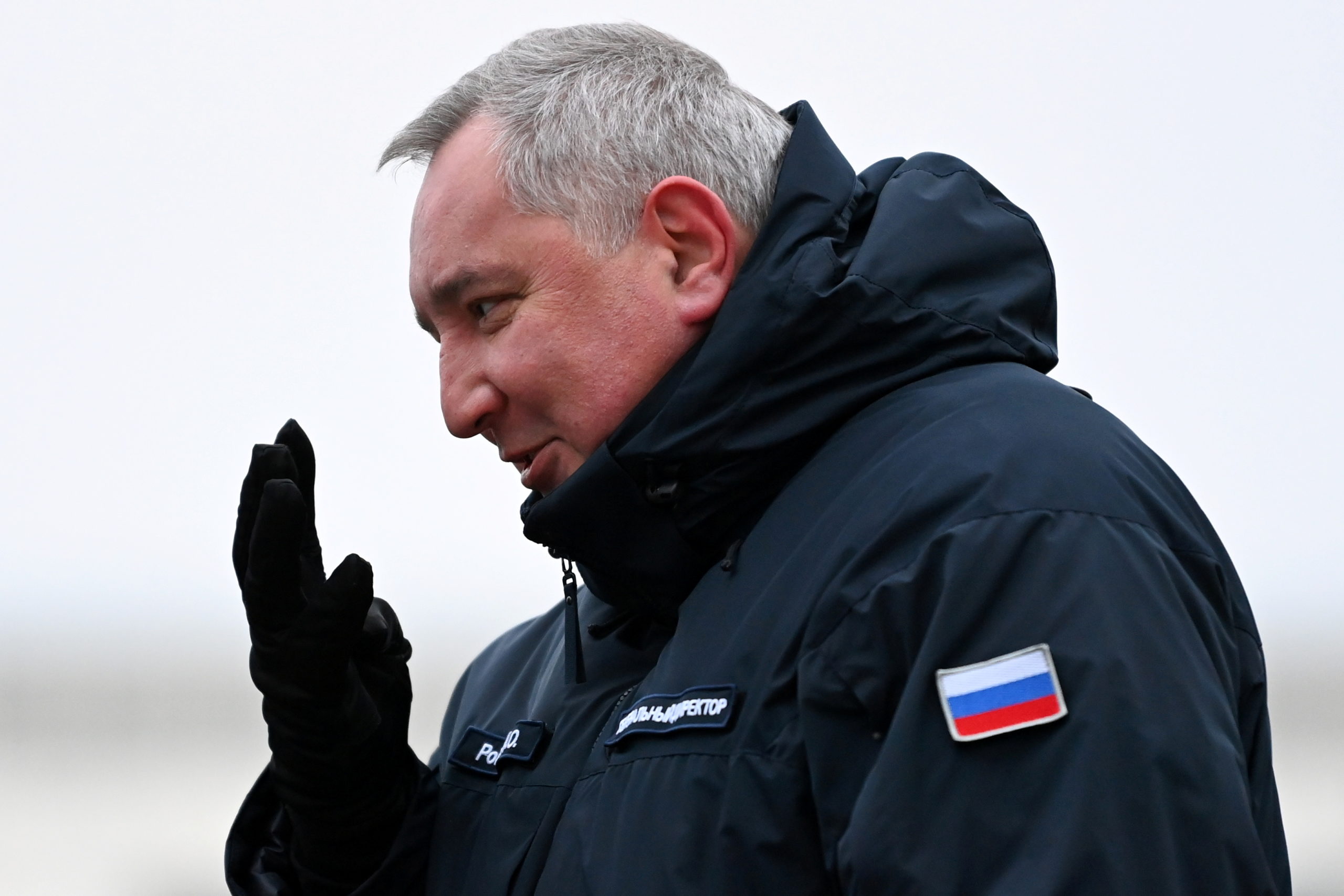 Director General of Roscosmos Dmitry Rogozin takes part in a report ceremony for the International Space Station (ISS) crew at the Baikonur Cosmodrome