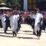 Bhutanese School children dressee as black neck cranes perfoming a dance at the festival Photo Sangeeta Barooah Pisharoty