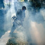 FILE PHOTO: A worker sprays insecticide for mosquitos at a village in Bangkok